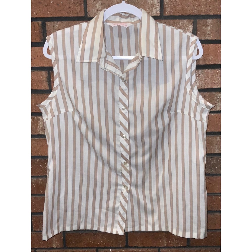 Vintage Lisa Dale Tan White Striped Sleeveless Button Up Shirt Made in USA 15-16